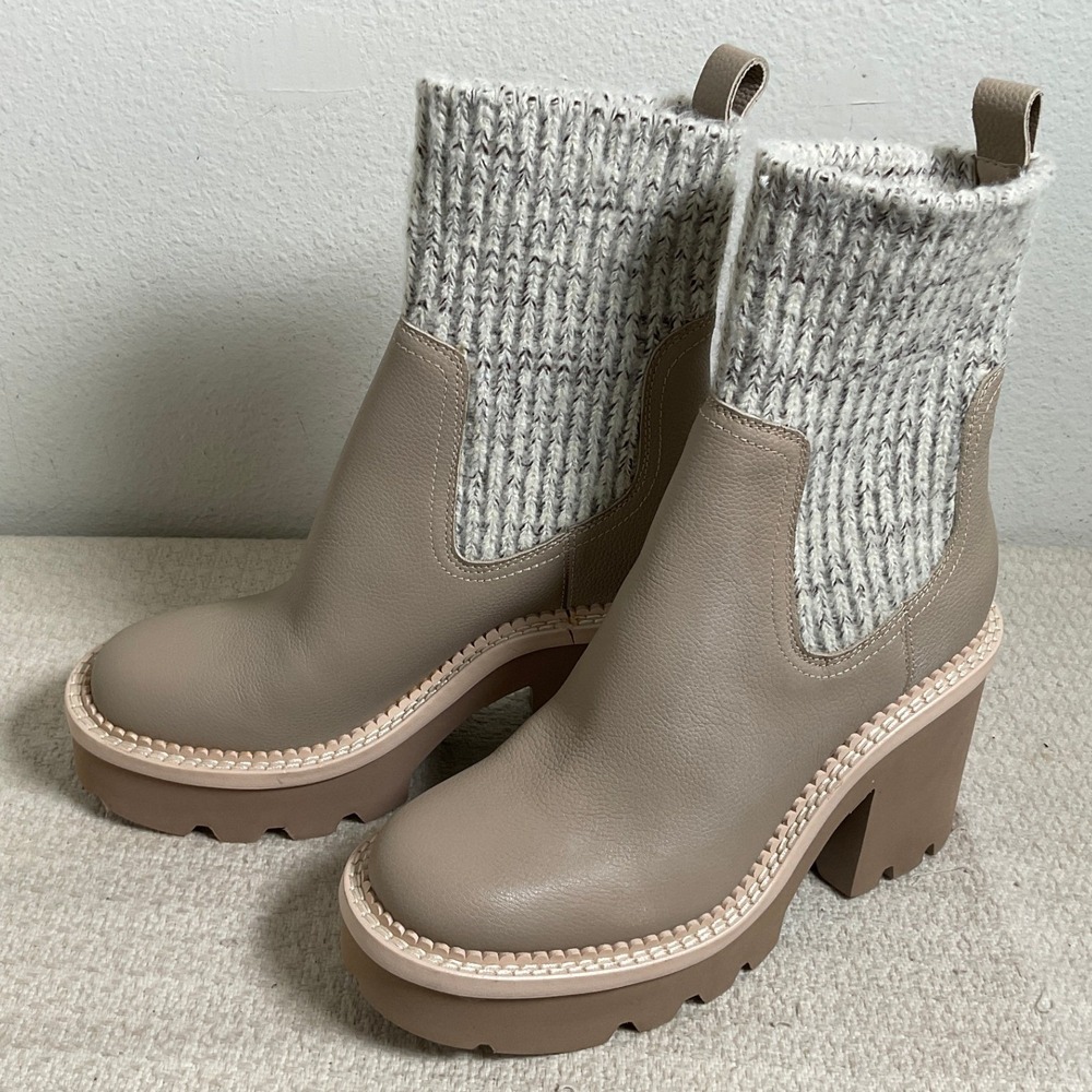 Dolce Vita Hadden Platform Chelsea Boots Taupe Leather Knit Sock Lug Sole Size 9